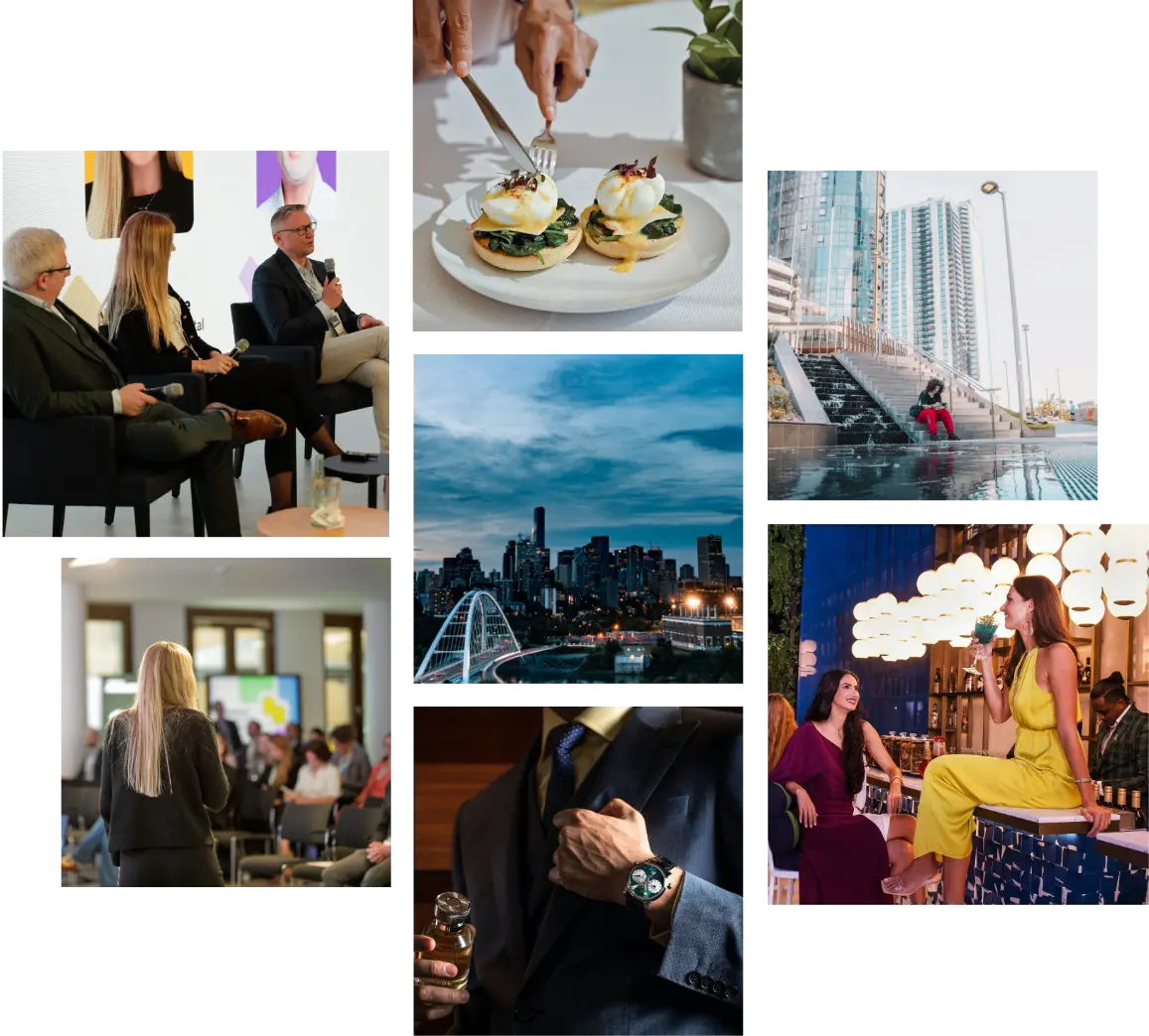 Collage of lifestyle and travel moments, including dining, city views, and leisure activities