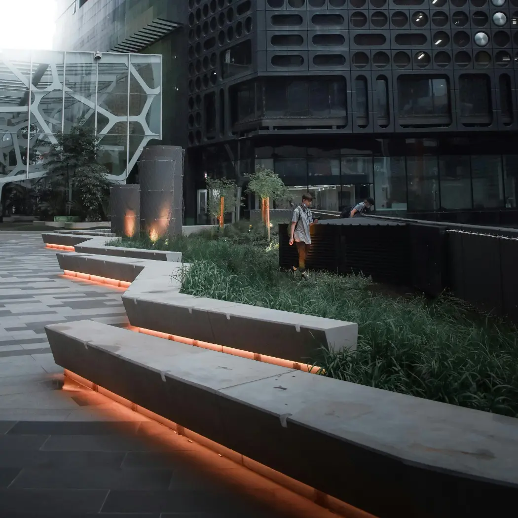 Modern urban seating area and garden space in Melbourne
